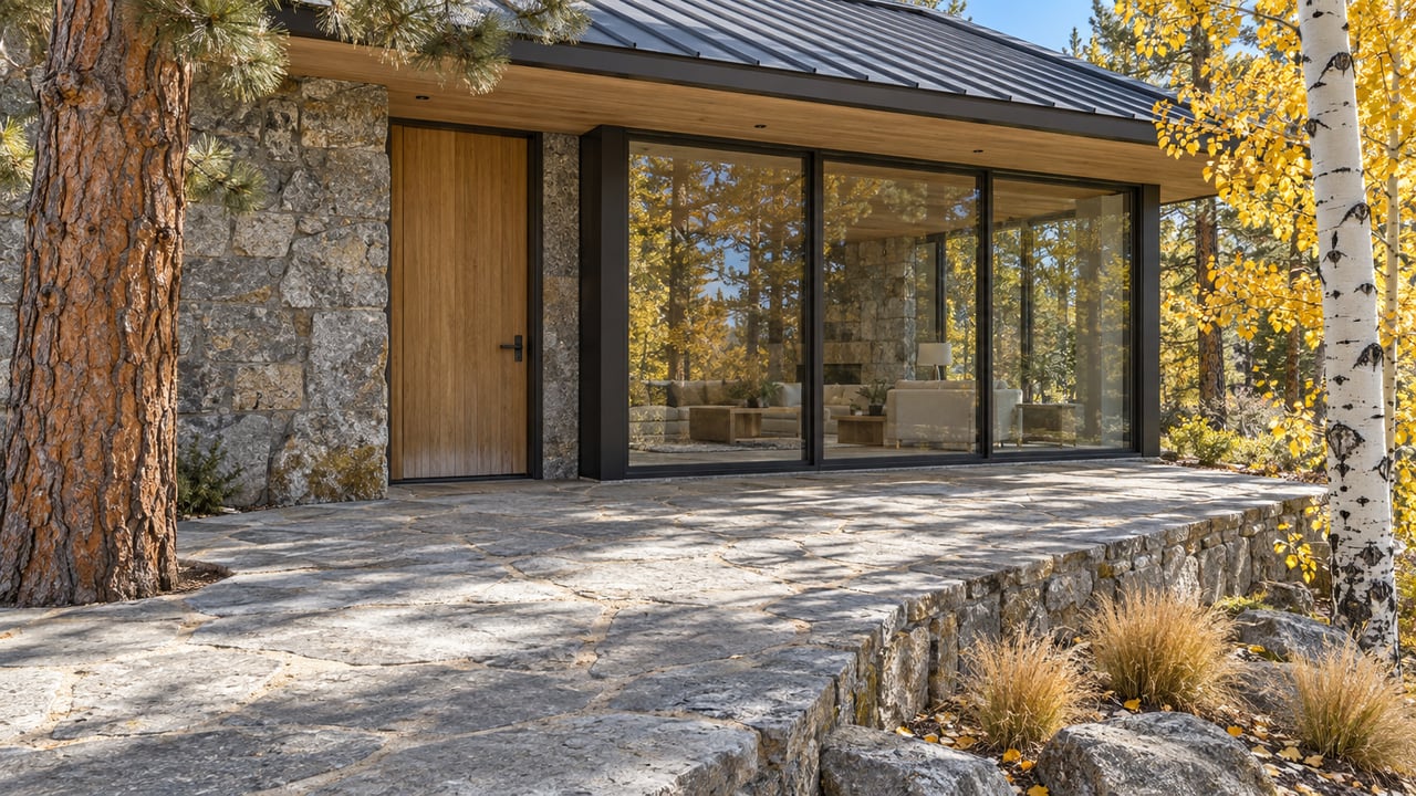 Autumn sunlight on a granite entrance terrace, oak door and black-framed windows of a timber-and-stone home beside a ponderosa pine and golden aspen.