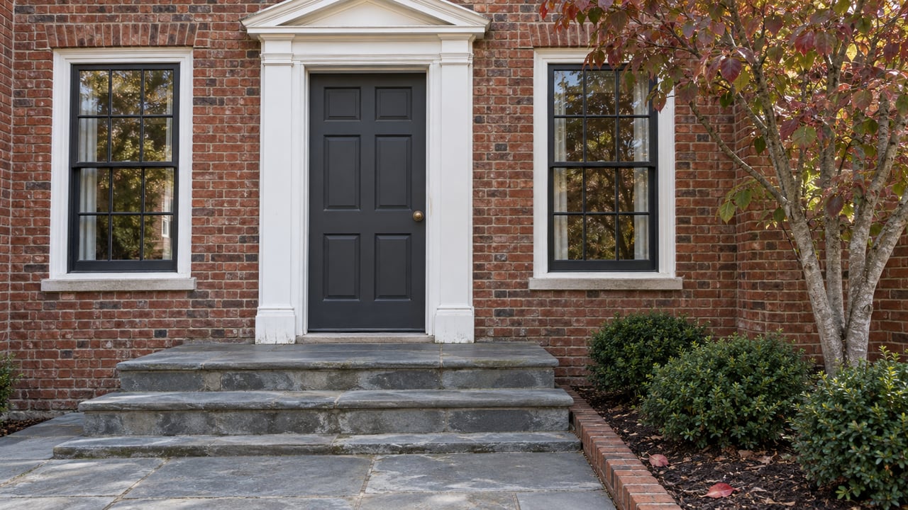 Red brick residential entry with a white pediment, charcoal door, paired sash windows, and worn stone steps beside autumn dogwood leaves.