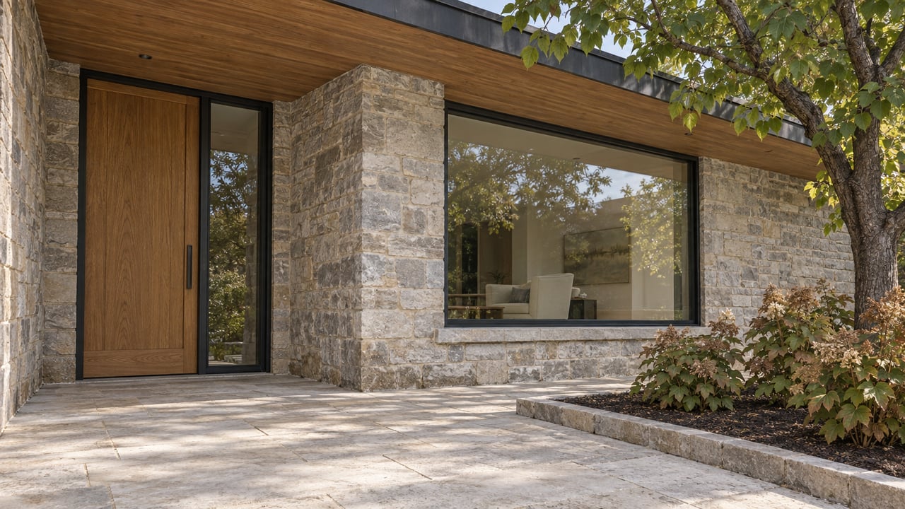 Covered limestone entry terrace with an oak door, black-framed living-room window, and mature redbud beside oakleaf hydrangeas.