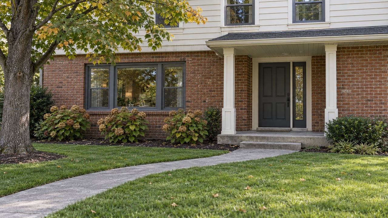A brick and cream-sided two-story home with a charcoal front door, a concrete approach, established lawn and autumn foliage.