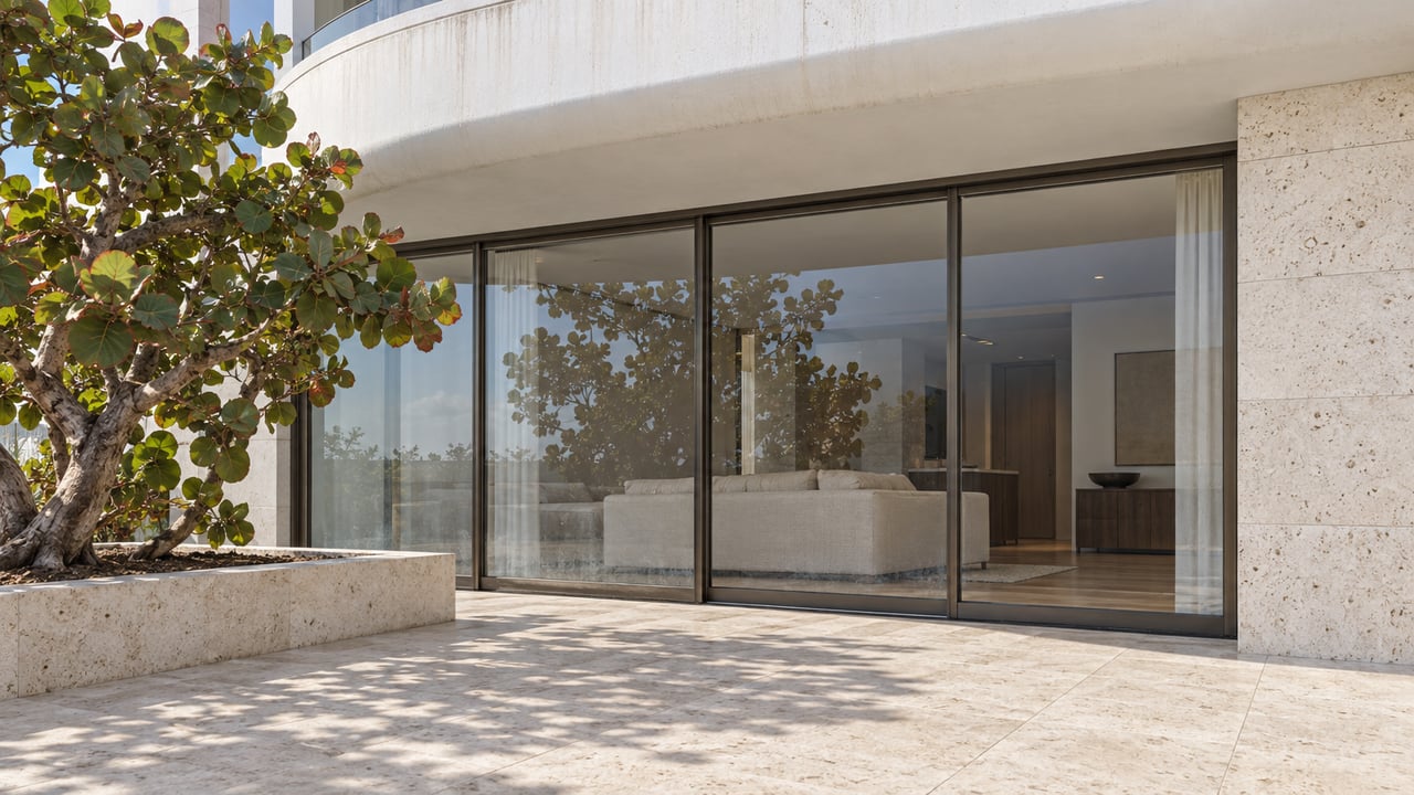 Sunlit curved white balcony above bronze-framed glass doors, ivory stone terrace and a sculptural sea grape tree in a raised planter.