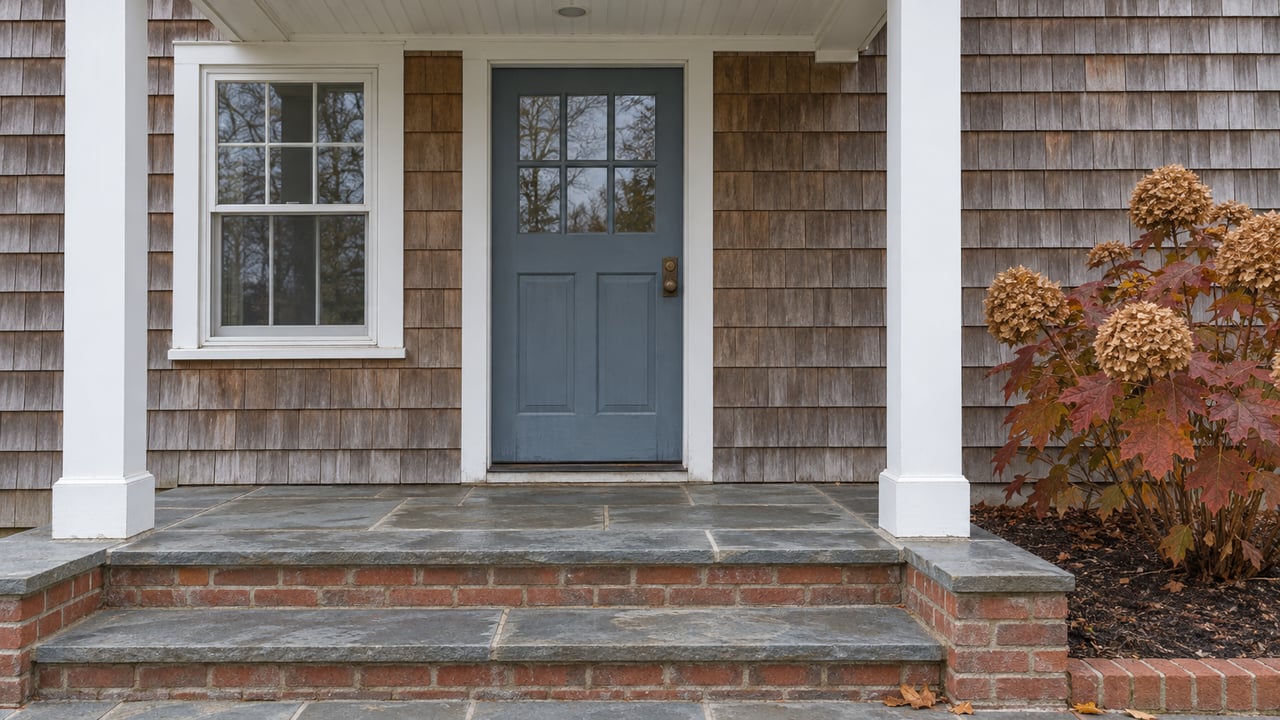 Weathered cedar-shingle home entrance with a blue-gray glazed door, white porch posts, bluestone steps and copper-leaved oakleaf hydrangea.