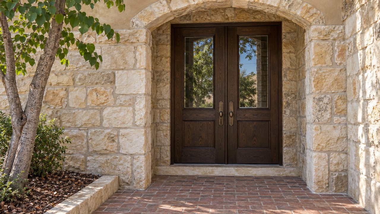 Recessed paired oak entry doors framed by buff limestone and tan stucco above a weathered brick landing, with a redbud branch at the edge.