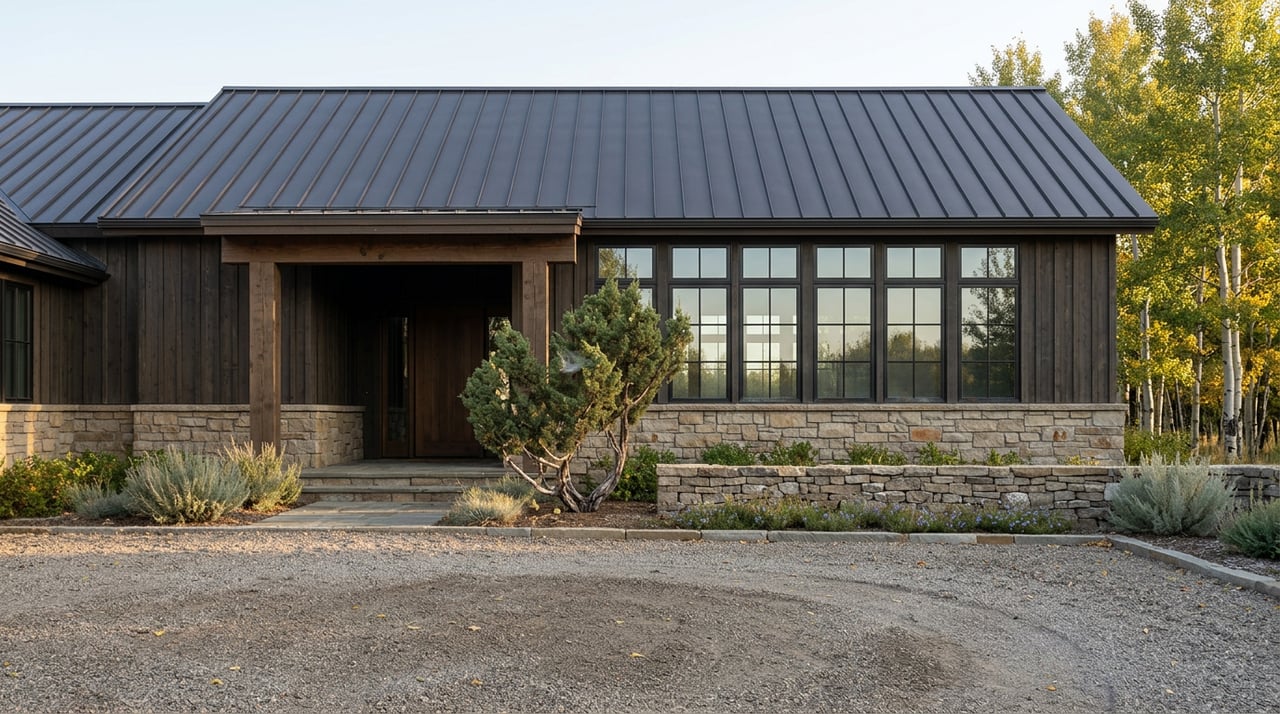 Custom home with dark wood siding, a timber portico, gridded windows, and golden aspens beyond a gravel drive.