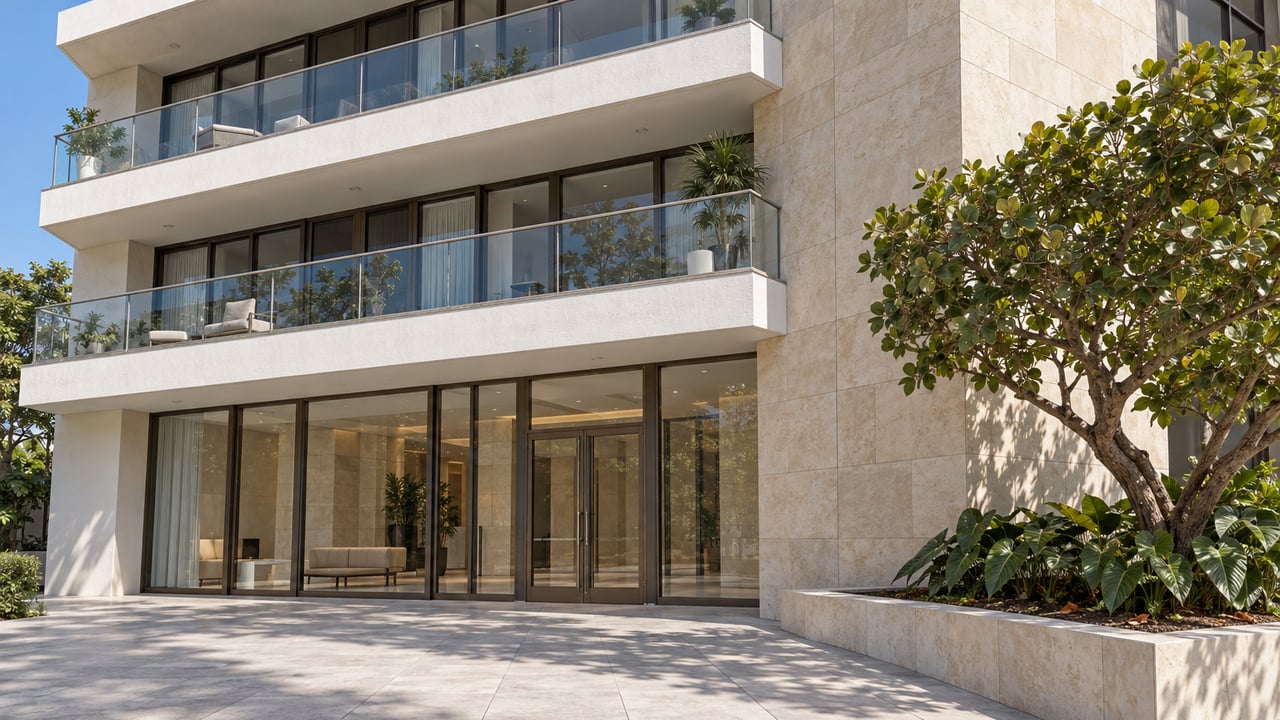 Pale stone and white stucco condominium entrance beneath glass balconies, with a sea-grape tree in a raised stone planter.