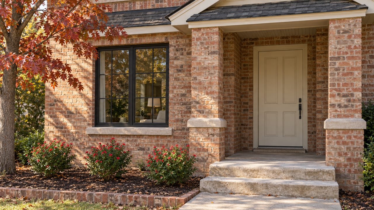 Brick home entry with a recessed cream door, divided-light window, limestone steps, and copper-red leaves.