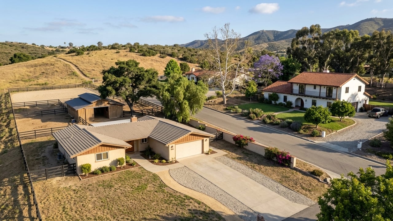 Aerial view of homes beside fenced horse paddocks and a stable, with rolling hills and mountains beyond.
