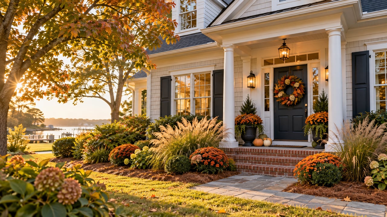 White home with a fall wreath and colorful landscaping, with water and docks visible beyond the yard.