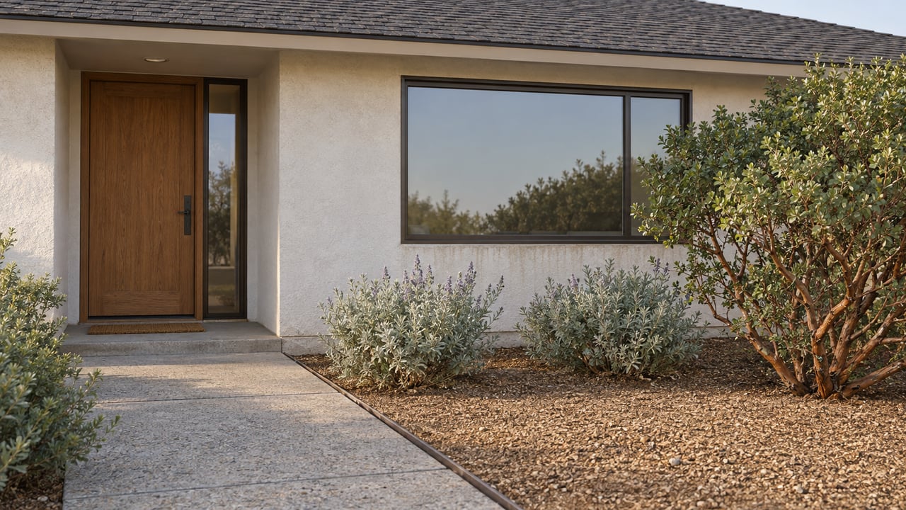 Compact stucco home with a recessed oak door, broad window, and sparse coastal planting beside the walkway.