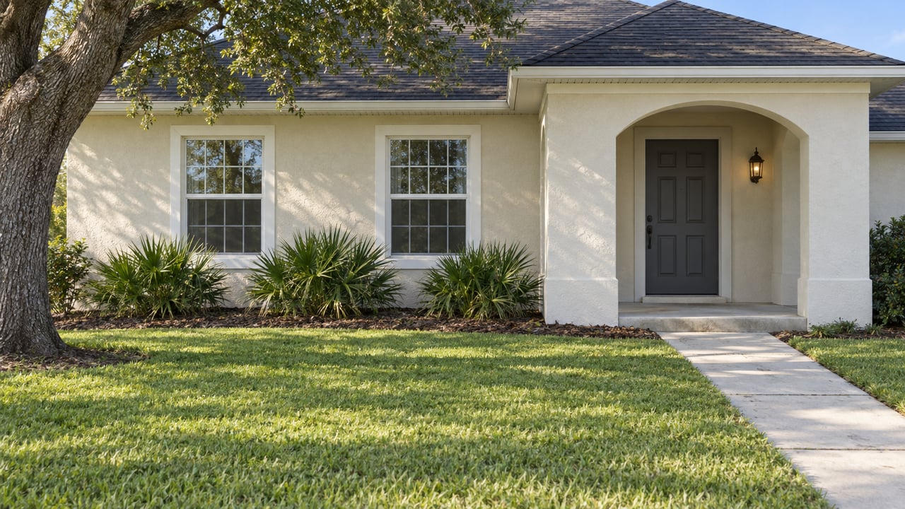 Stucco house with an arched porch, dark hip roof, two windows, and a concrete walk across a broad lawn.