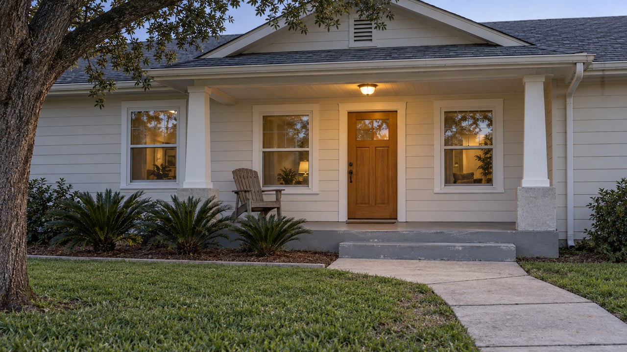 Modest single-story bungalow at dusk with a warm porch light, broad front lawn and a concrete entry walk.