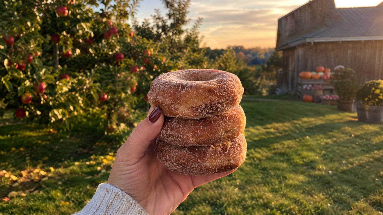 Three sugar-coated cider donuts held in an apple orchard at sunset.
