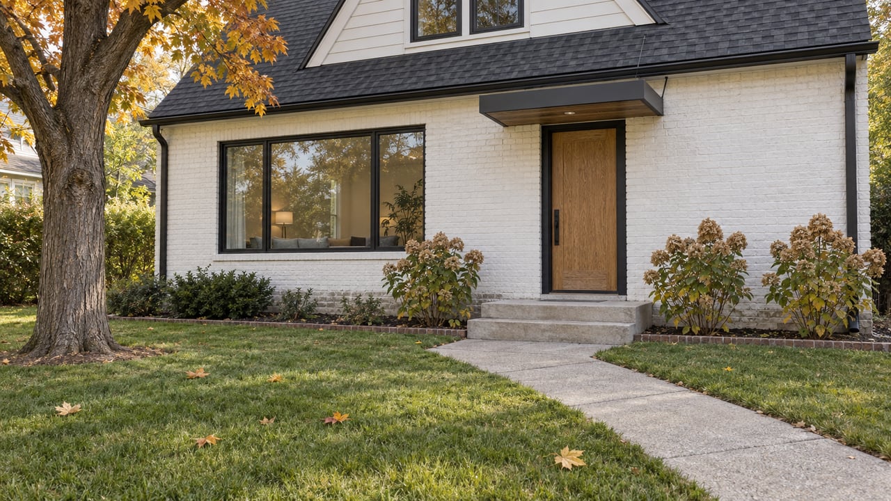 An autumn lawn and concrete walk lead to a white-painted brick house with black-framed windows, an oak front door and an amber-leaved maple.