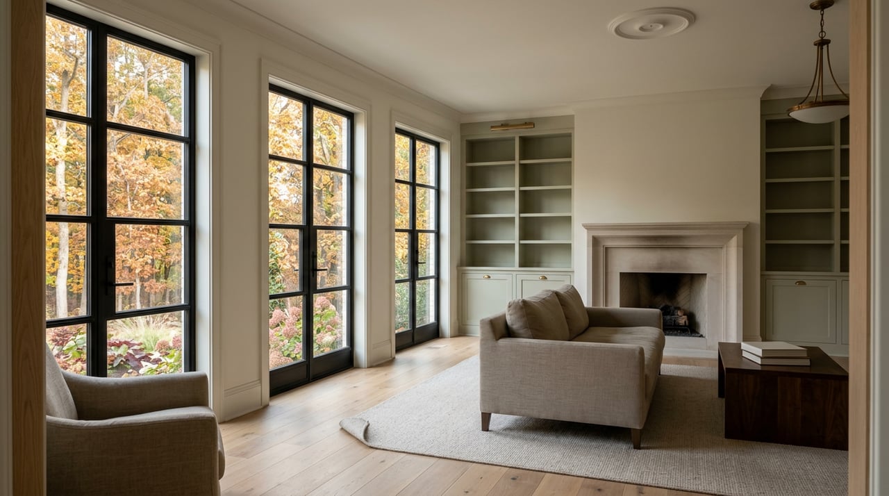 Formal sitting room with steel-framed windows, a limestone fireplace, green built-in bookcases, and autumn trees outside.