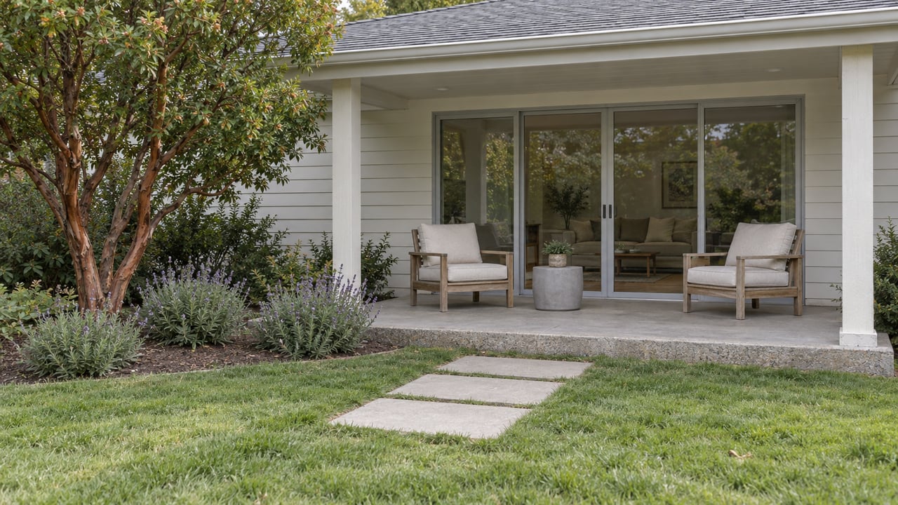 Covered patio of a modest single-story home, with teak chairs, closed sliding glass doors and a lawn bordered by a strawberry tree and flowering sage.