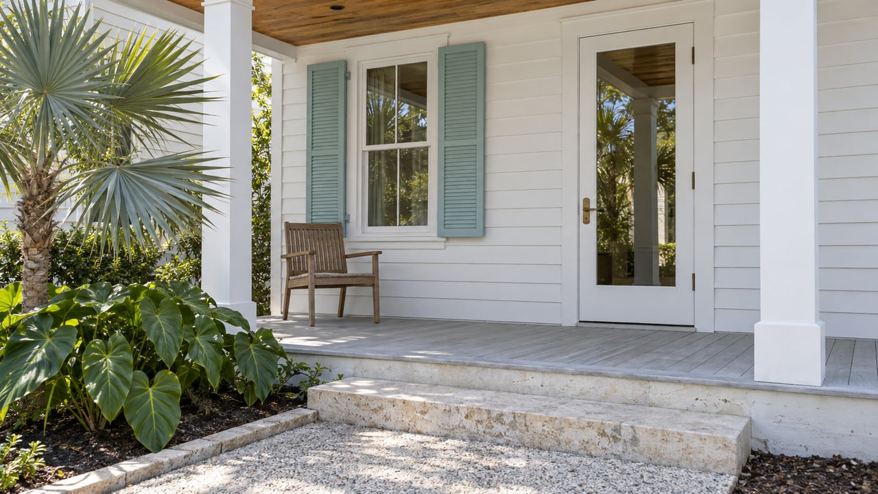 White clapboard home with pale aqua shutters, a shaded timber porch, limestone step and a silver-backed fan palm.