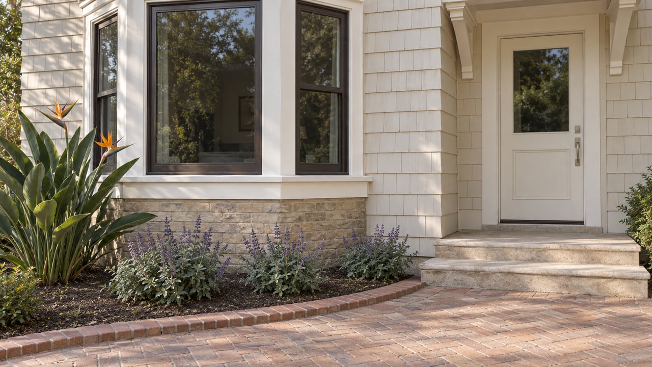 Cream shingled home with bronze-framed bay windows, a recessed entry, worn brick approach and bird-of-paradise planting.