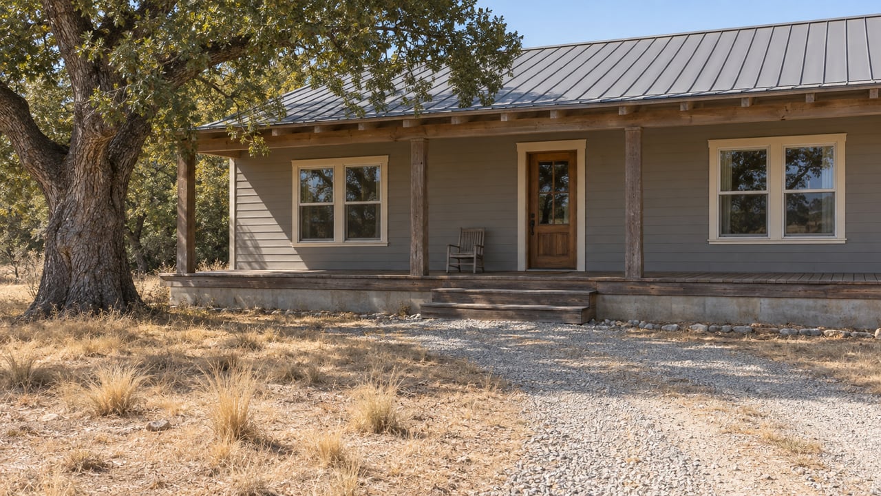 Wood-sided country home with a weathered covered porch, standing-seam roof, dry front yard and a mature oak.