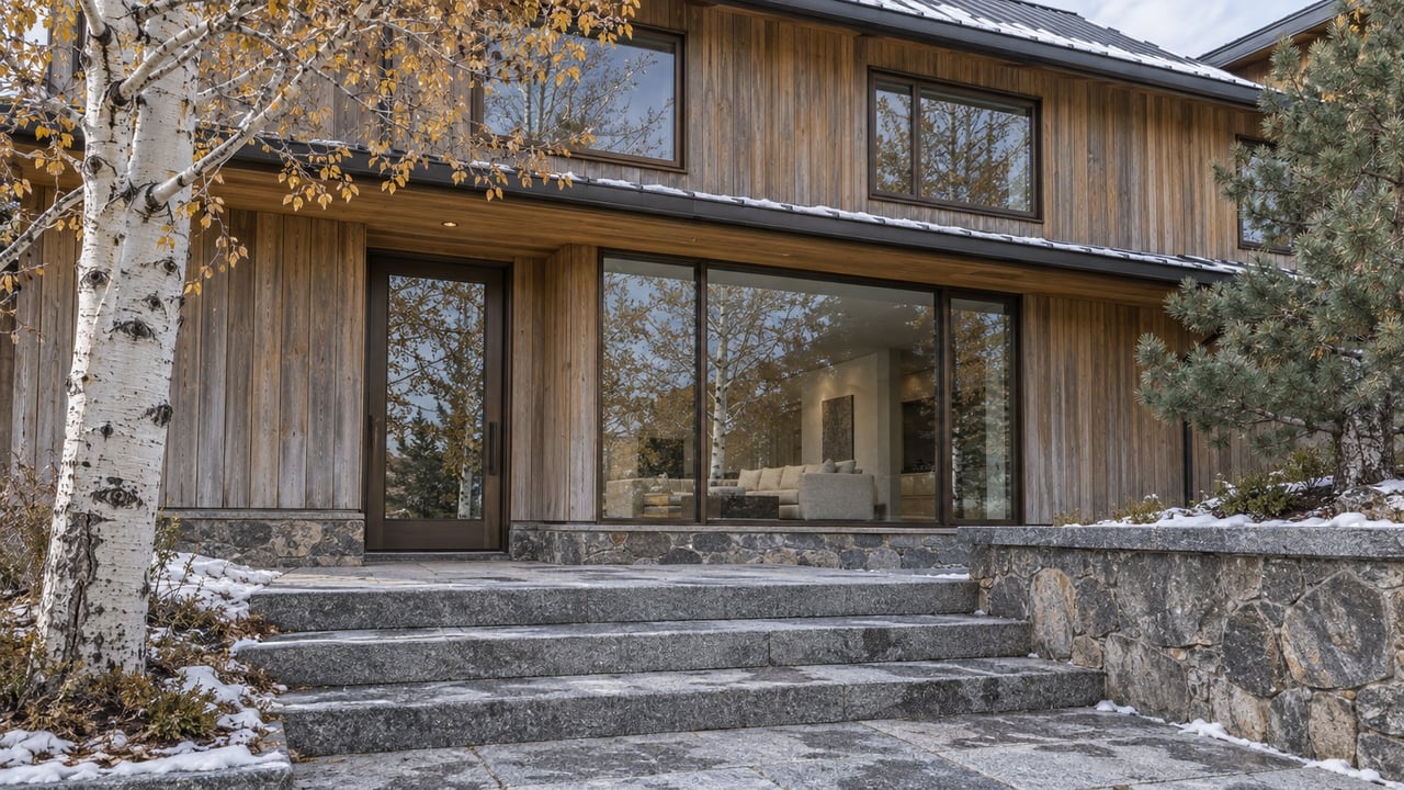 Low-angle view of a cedar-and-stone hillside home with bronze-framed windows, broad granite steps, sparse aspen leaves and patches of early snow.