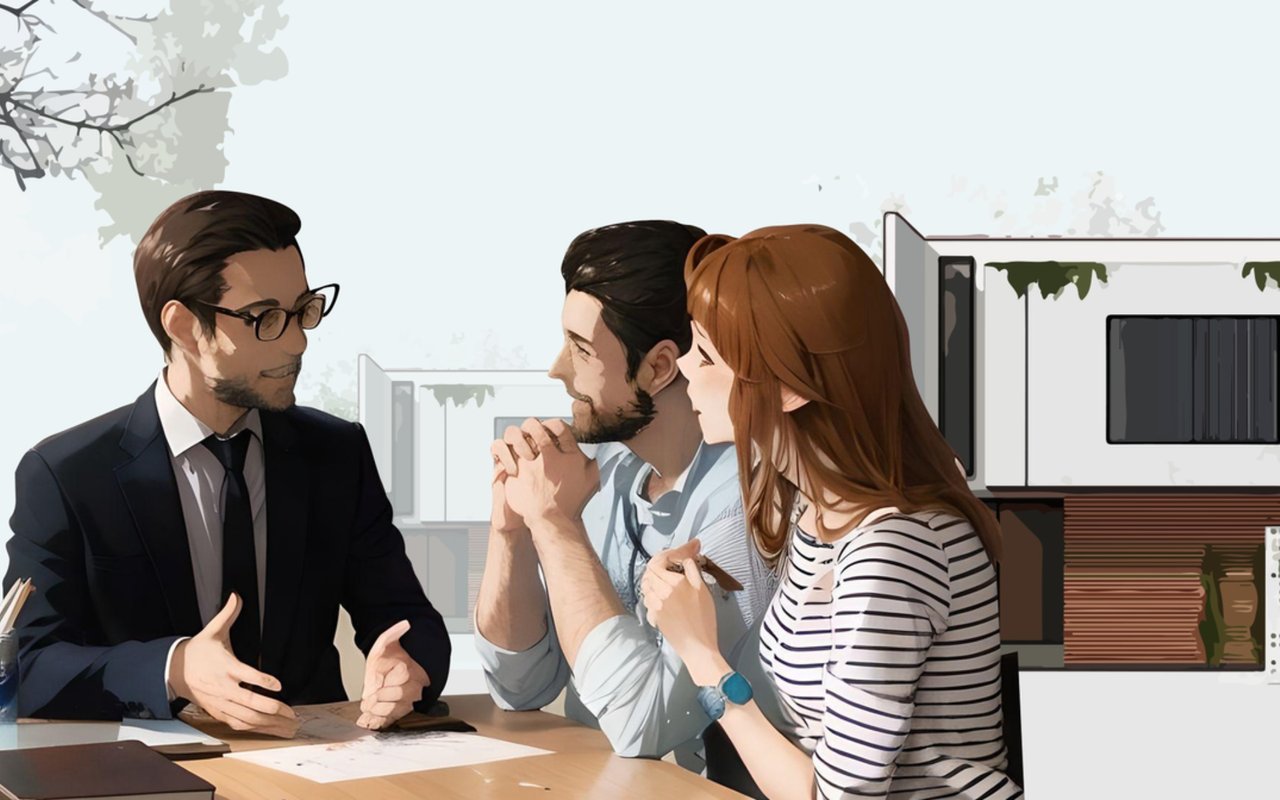 Real estate agent discusses documents with two clients at a table.