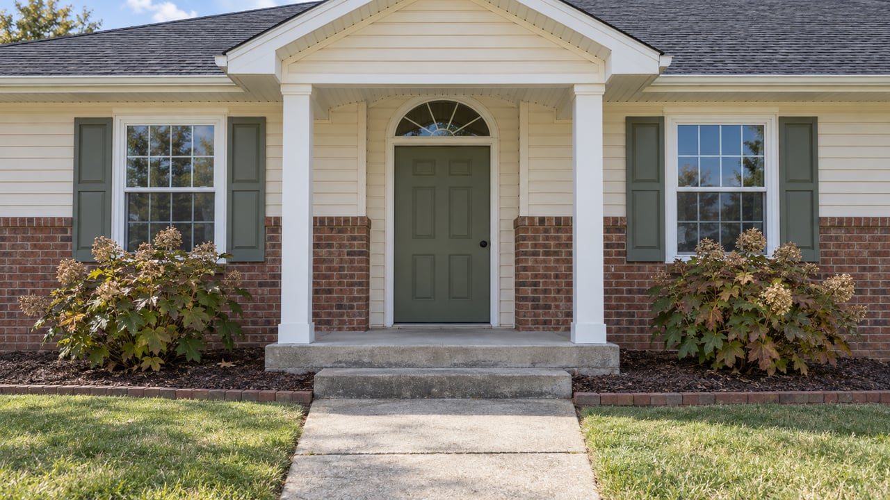 Brick-and-ivory ranch entry with green shutters, a half-round transom and oakleaf hydrangeas beside a weathered concrete walk.