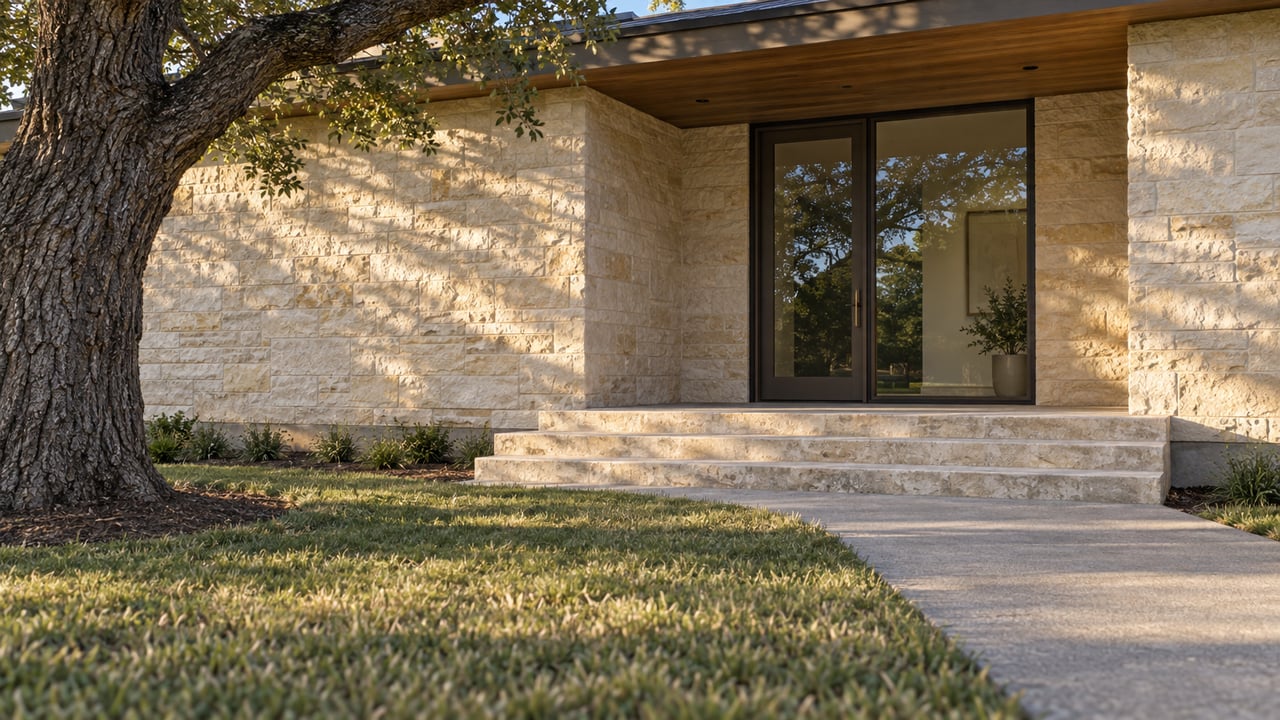 Limestone home entrance with broad stone steps and a large oak tree in the lawn.