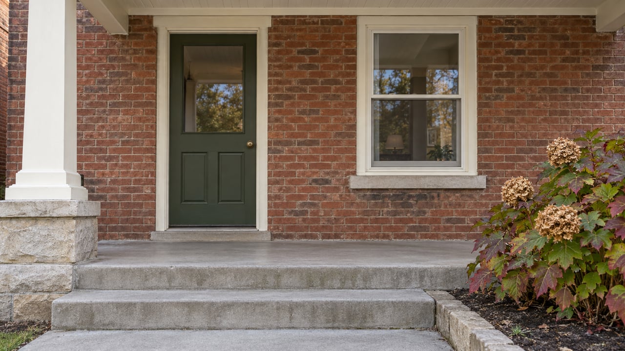 Brick home entry with an olive door, cream porch trim, worn concrete steps and an oakleaf hydrangea in autumn color.