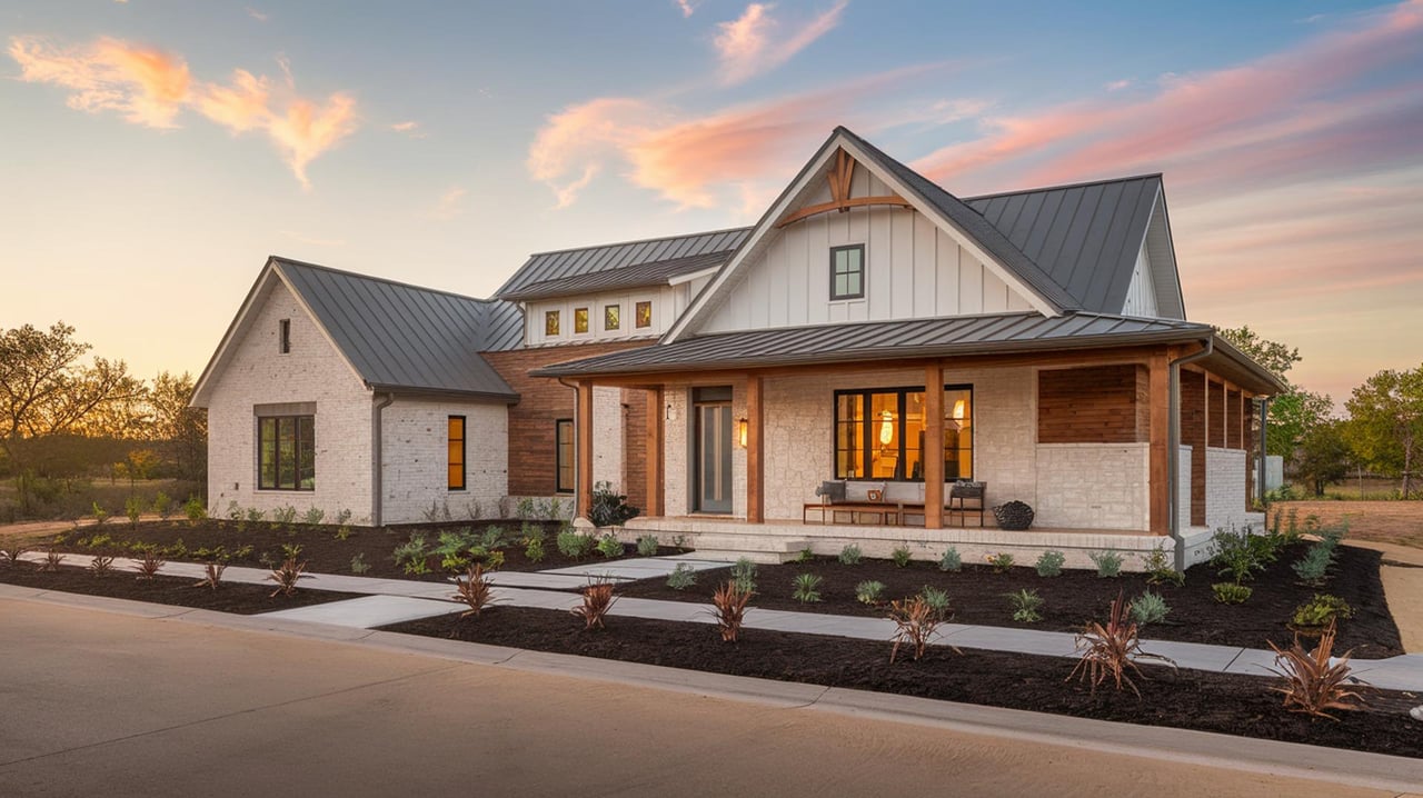 Modern white farmhouse with dark metal gabled roofs, a covered porch, and landscaped beds at sunset.