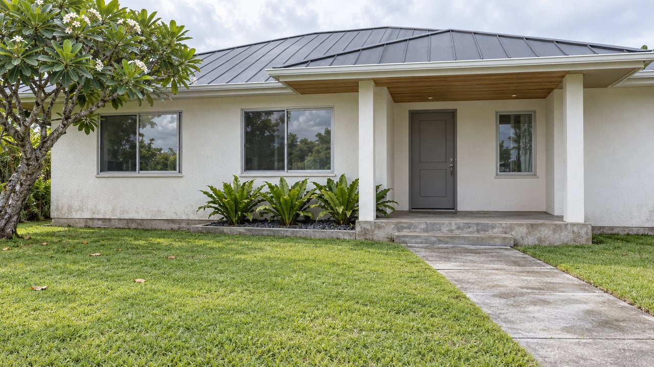 A single-story light-stucco home behind a deep green lawn, with a shaded entry, metal hip roof, and one mature flowering tree.