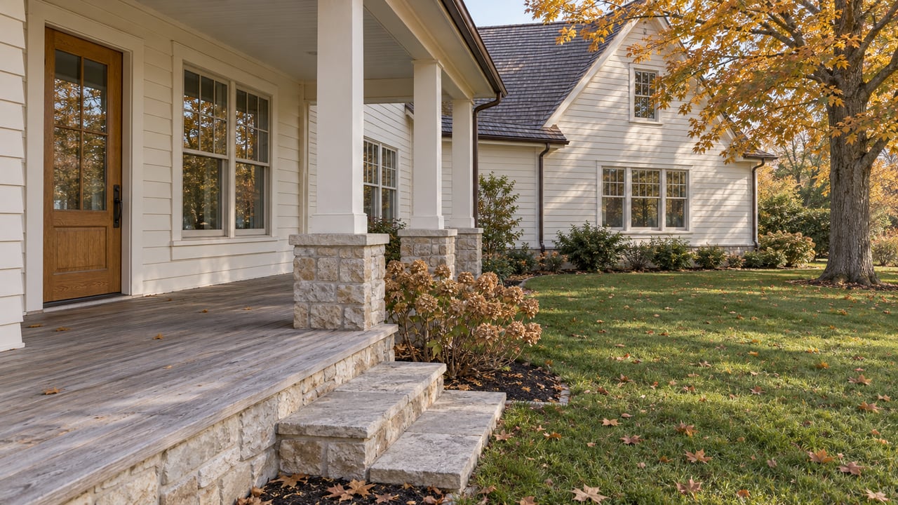 Autumn light on an ivory clapboard home's covered cedar porch, limestone steps, and lawn beneath a golden sugar maple.