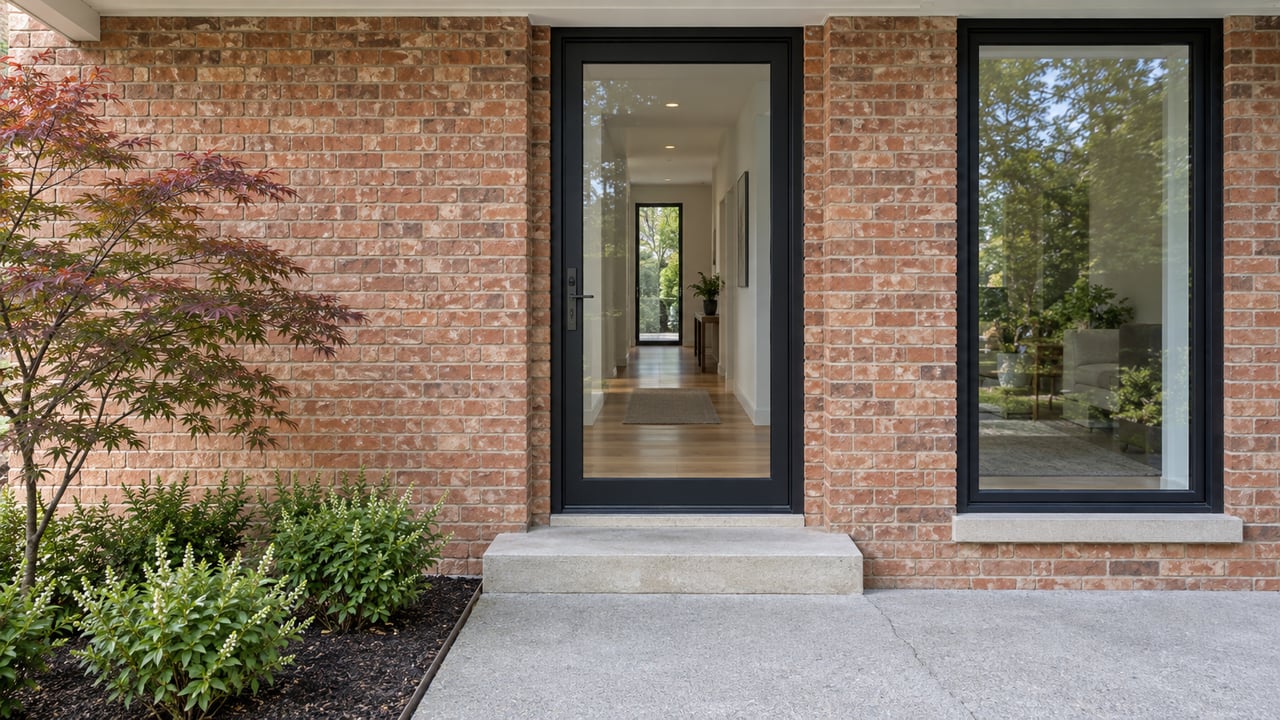 Recessed black-framed glass entry beside a tall window in a pale red brick wall, with a limestone stoop.