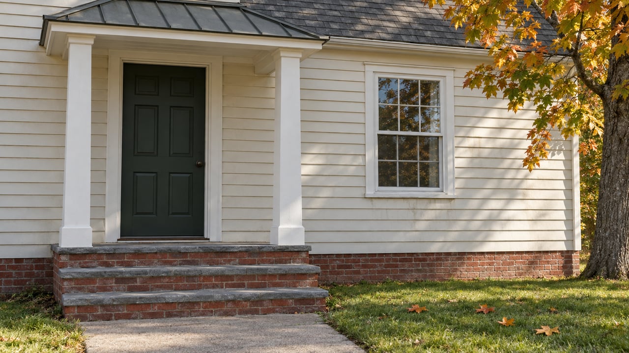 House entrance with a dark front door, white columns, brick steps, and autumn foliage.