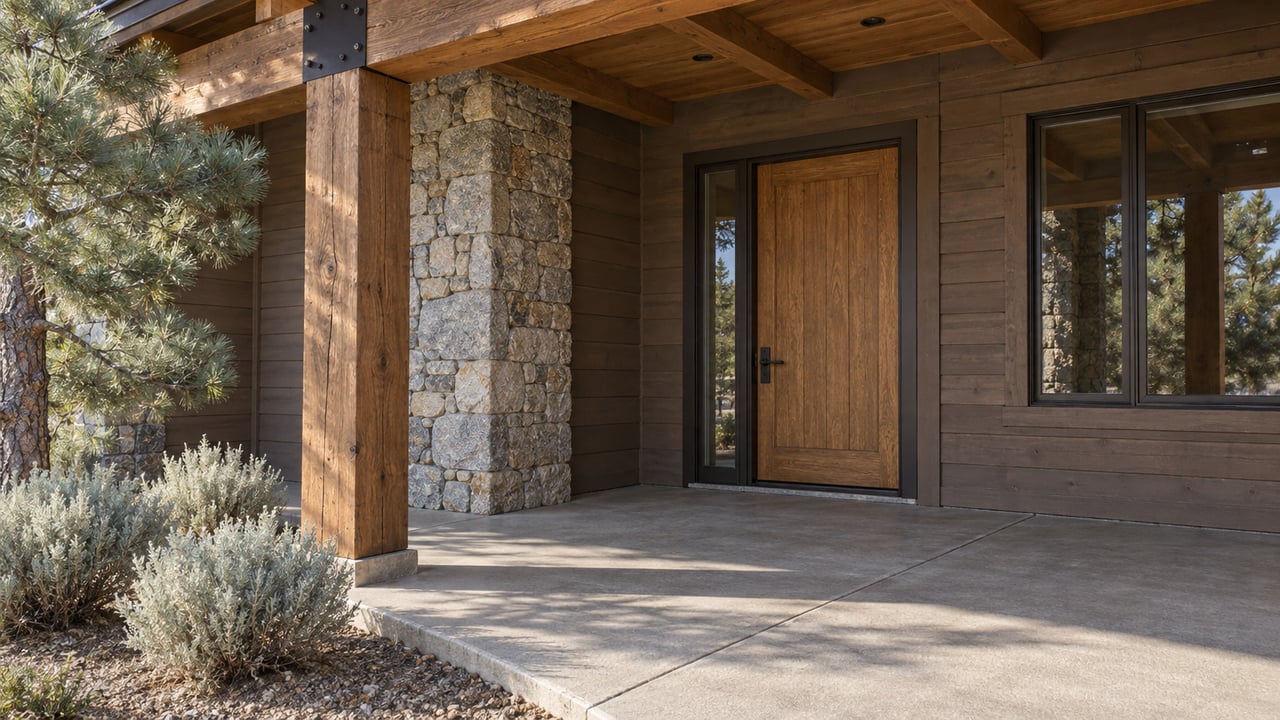 Timber-covered front porch with cedar siding, granite pier, oak door and silver shrubs in a gravel planting bed.