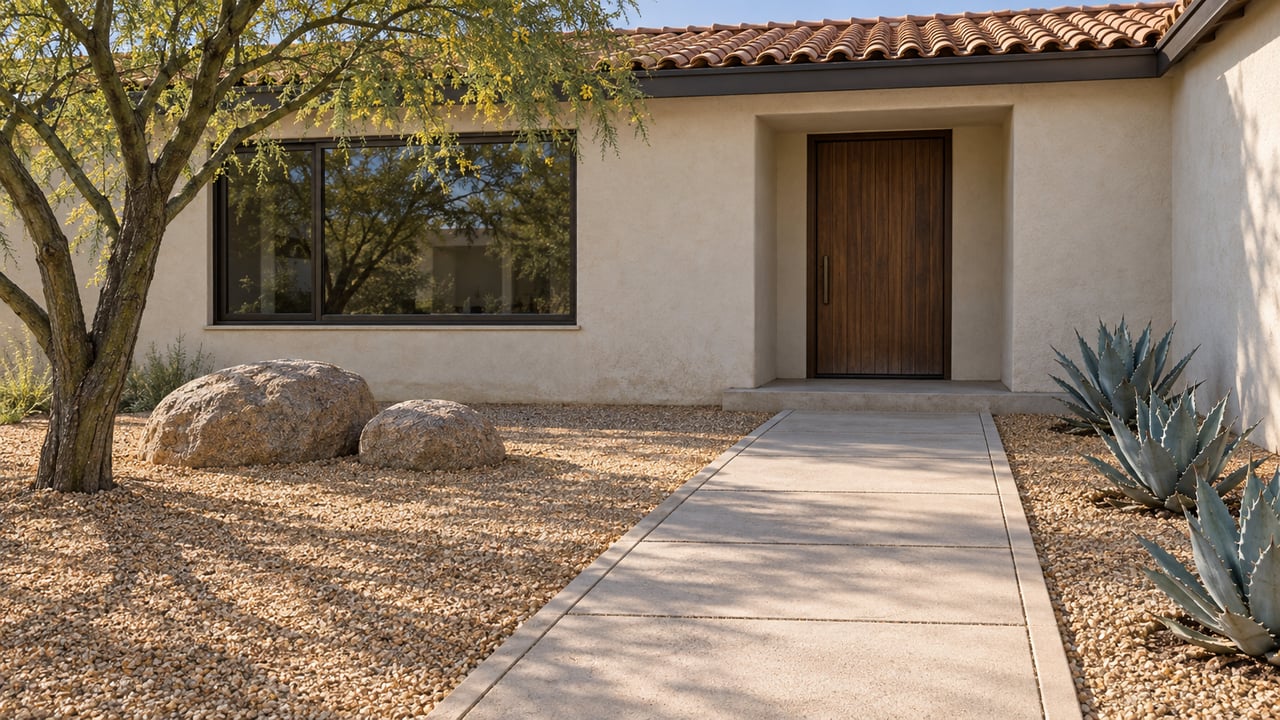 Morning light across a cream stucco home's terracotta-roofed entry, concrete paver path and sculptural desert planting.