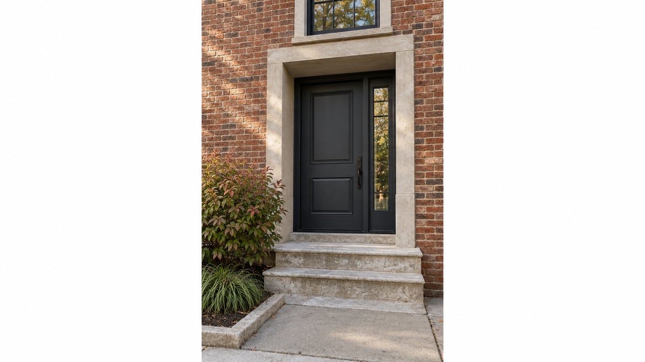 Brick townhouse entry with a charcoal door, limestone steps, and a narrow bed of red-tinged foliage.