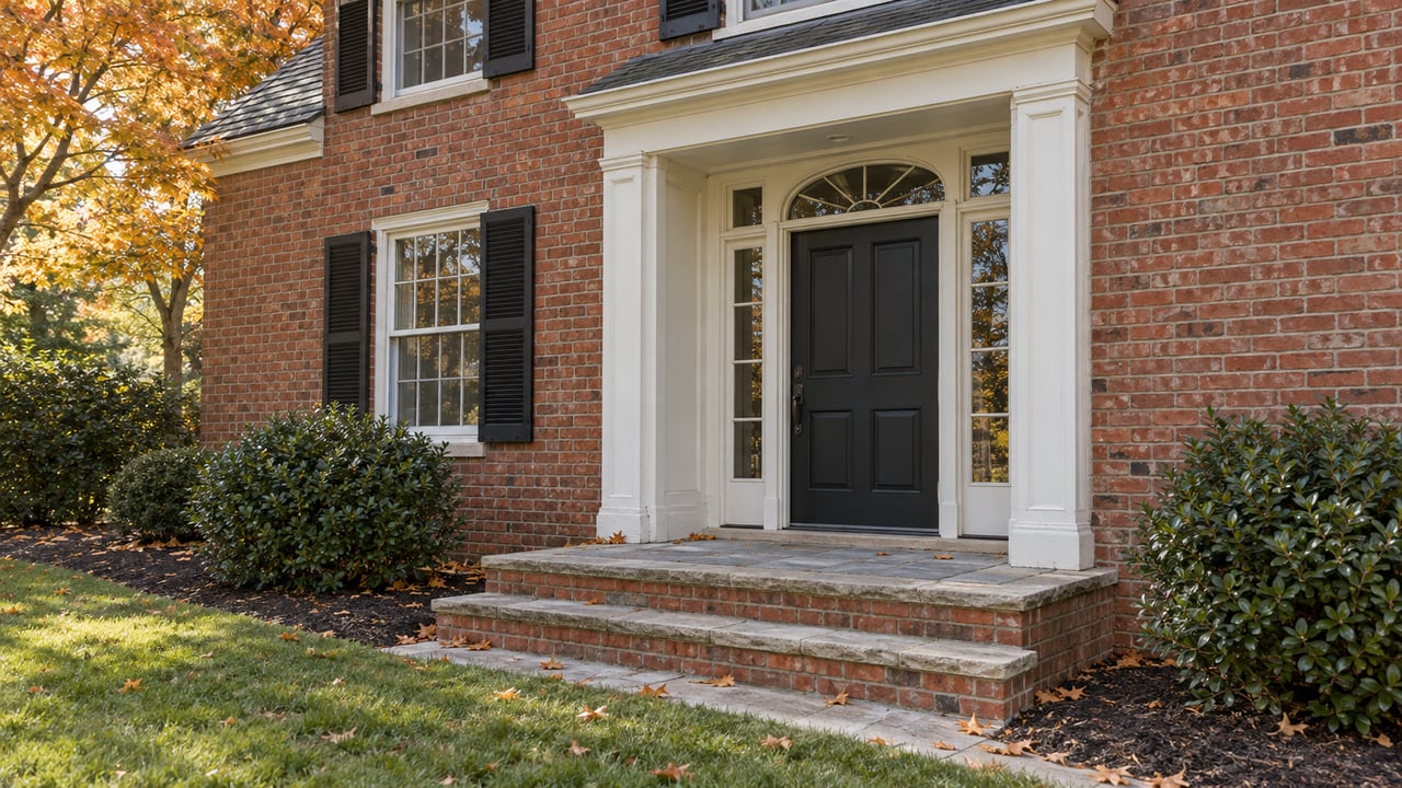 Brick house entry with a charcoal door, fanlight, glazed sidelights, worn steps, and amber leaves on the lawn.