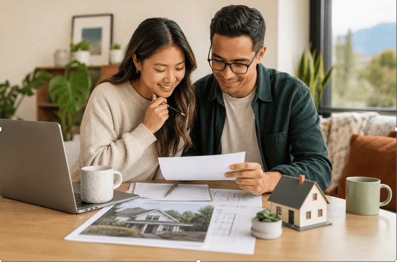 A couple reviews home plans and paperwork beside a laptop and model house.
