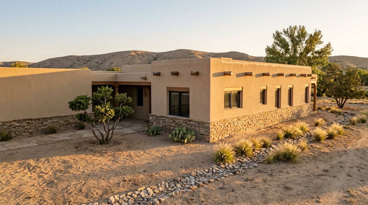 Flat-roof desert home with stone walls and a dry, stone-lined channel across the sandy foreground.