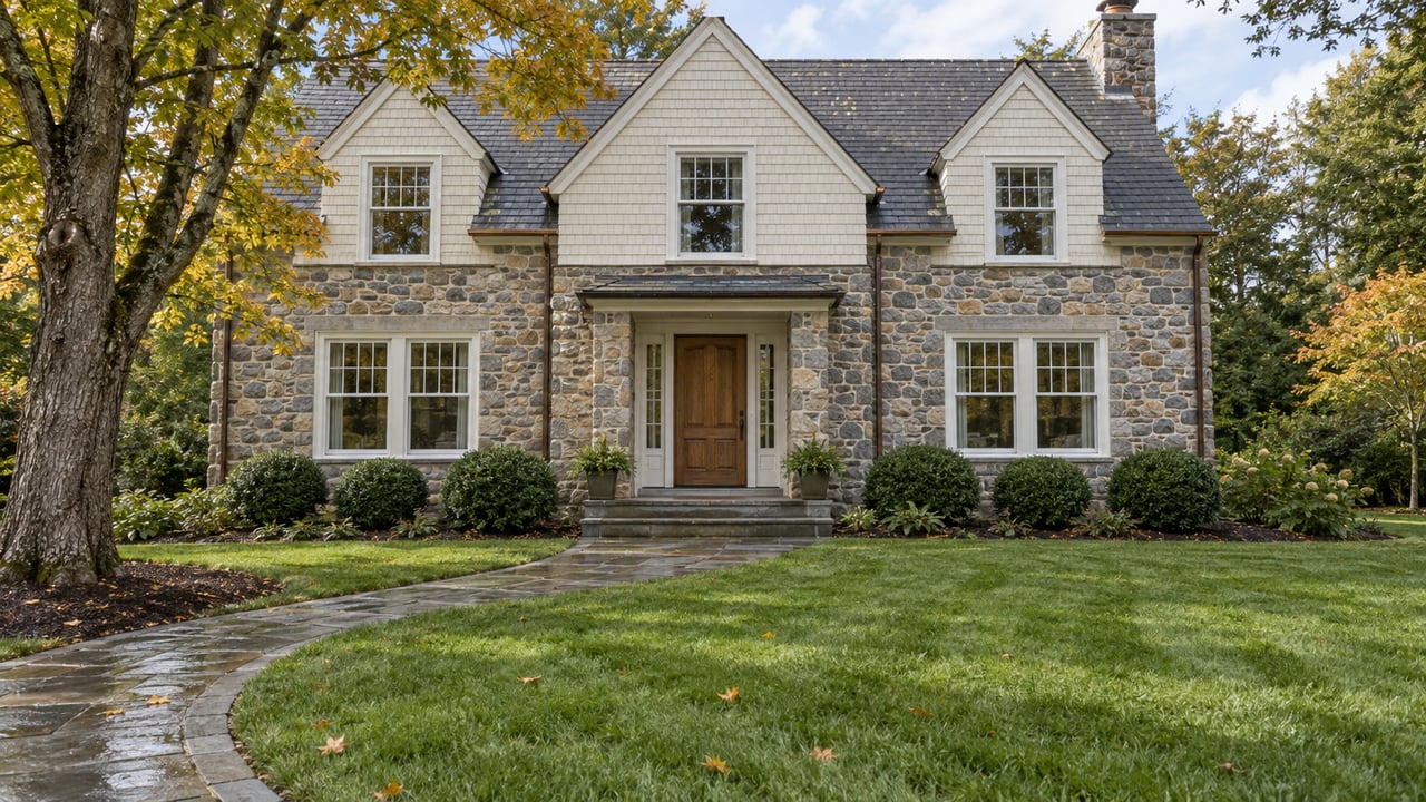 Stone-and-shingle home with slate gables, divided-light windows and a curved bluestone approach across a deep lawn beneath an autumn maple.