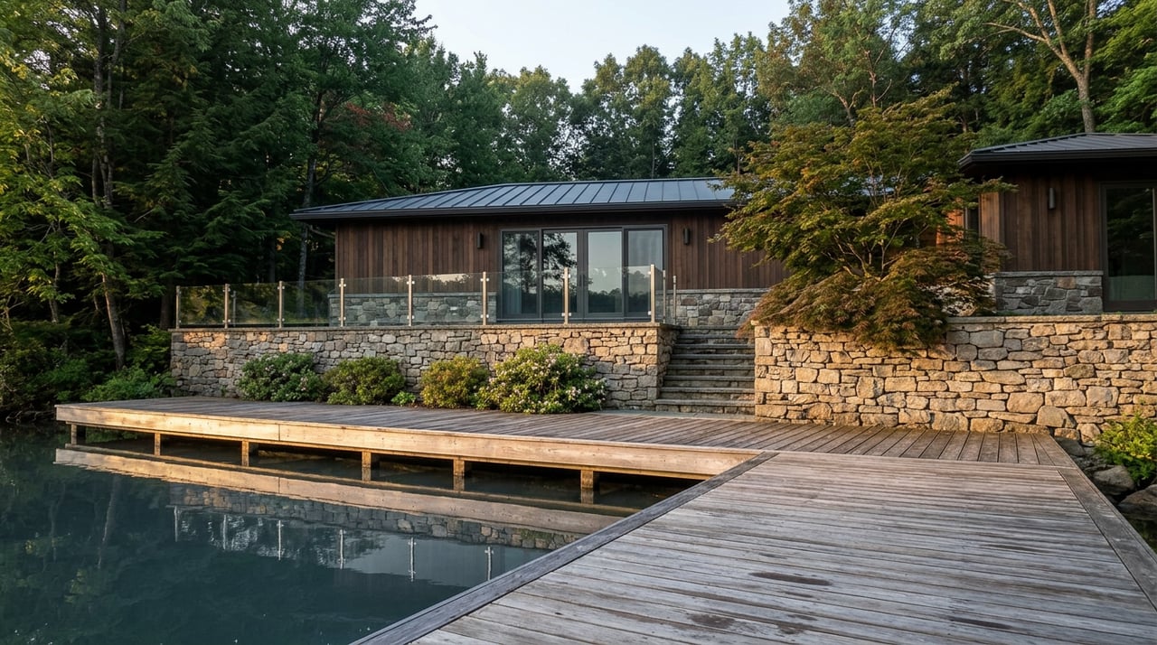 Weathered dock leads across a narrow cove to a cedar-sided lakeside home with stone terrace and glass doors.