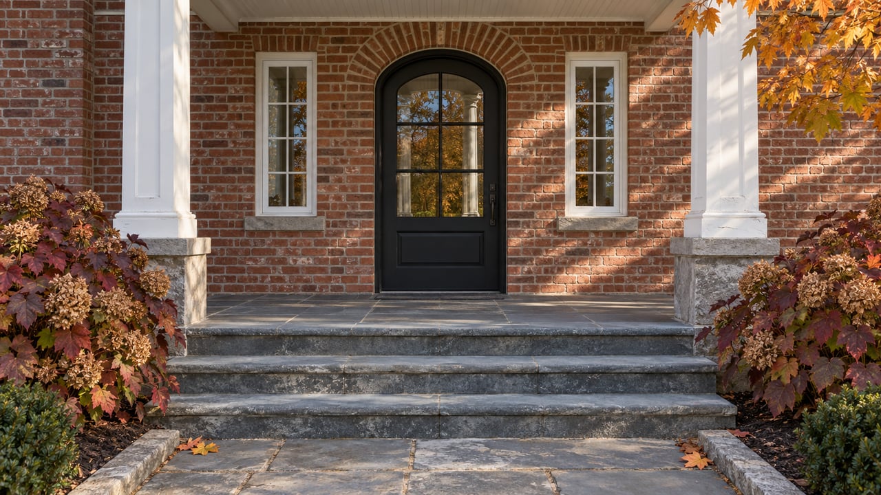 Arched black entry door in a weathered brick facade, framed by white porch columns, bluestone steps and burgundy oakleaf hydrangeas.