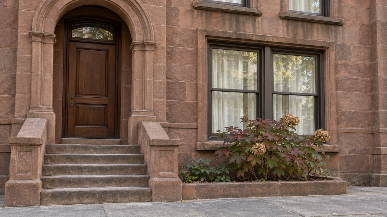Warm sandstone residential entrance with an arched walnut door, tall bronze-framed windows, worn stone steps and an oakleaf hydrangea.