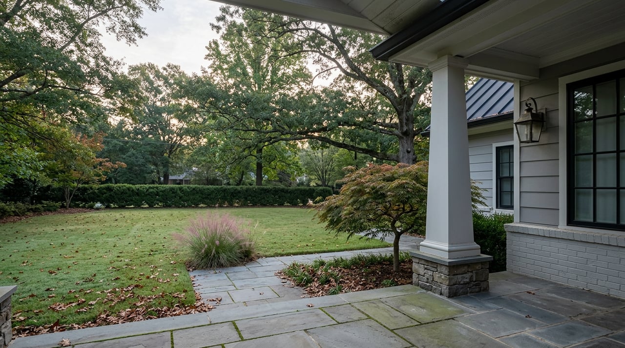 Bluestone porch overlooking a deep lawn, clipped boxwood hedge, white oak canopy, and a Japanese maple.