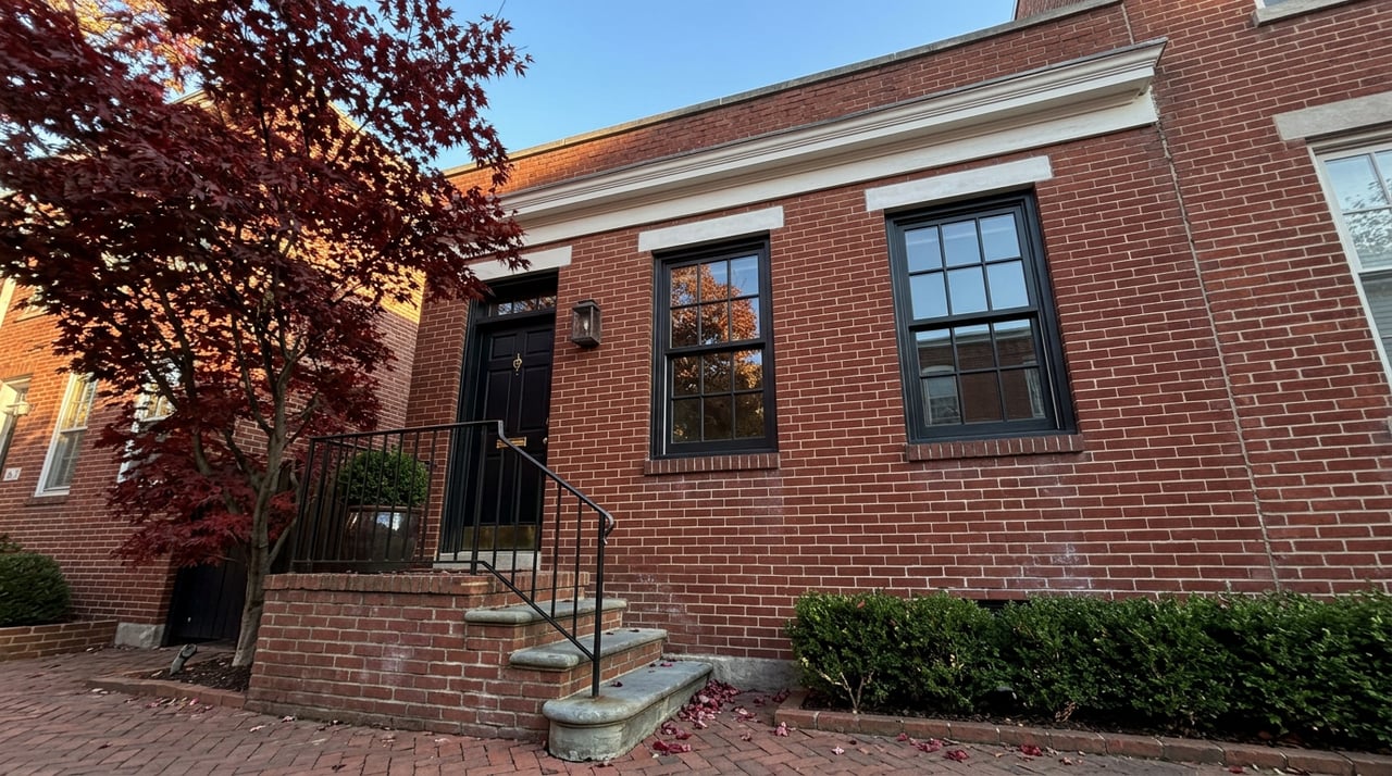 Brick rowhouse facade with black windows, a red autumn maple, and a worn brick stoop.