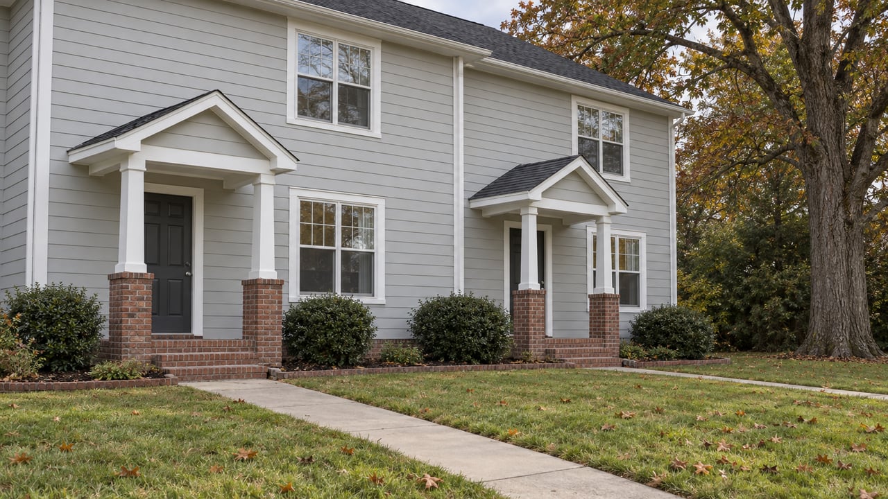 Two pale gray attached homes with charcoal pitched roofs, brick entry steps, a deep lawn and a russet-leaved white oak.