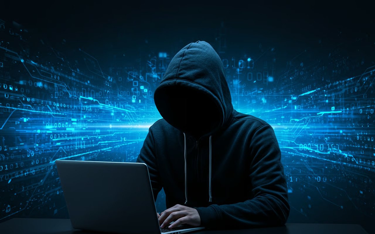 Hooded person with an obscured face typing on a laptop against a blue digital background.