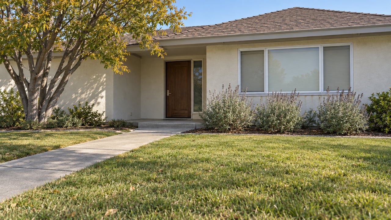 Single-story stucco home with a recessed timber entry, broad front window, deep lawn and a small flowering-sage garden in afternoon light.
