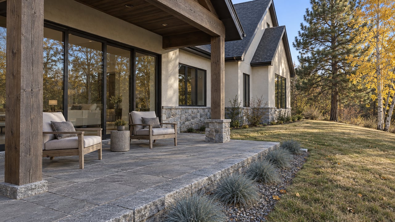 Covered terrace with weathered teak chairs, granite accents and closed glass doors beside a broad autumn lawn, a pine and a gold-leaved aspen.