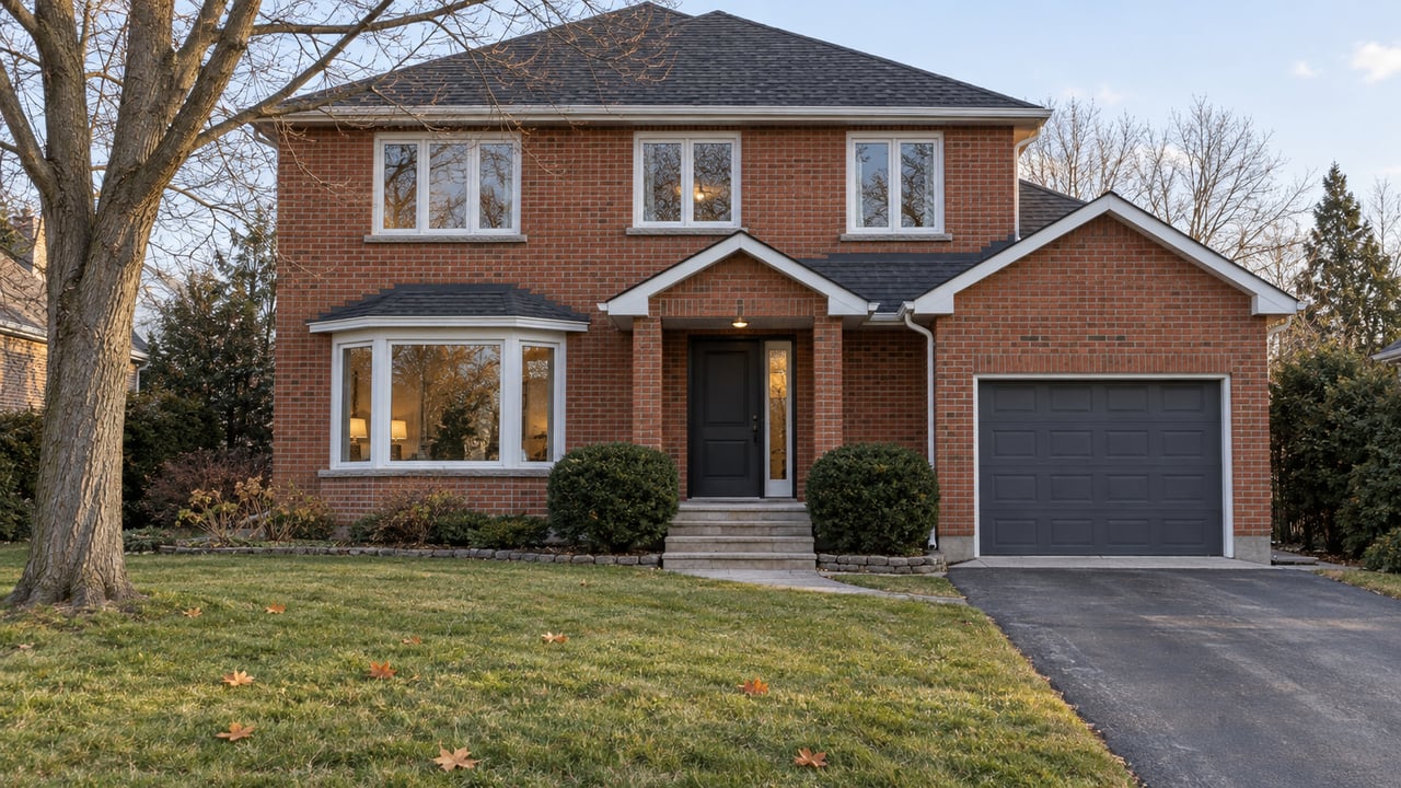 Red-brick two-storey home with a deep autumn lawn, bare sugar maple, limestone entry steps and softly lit bay window.