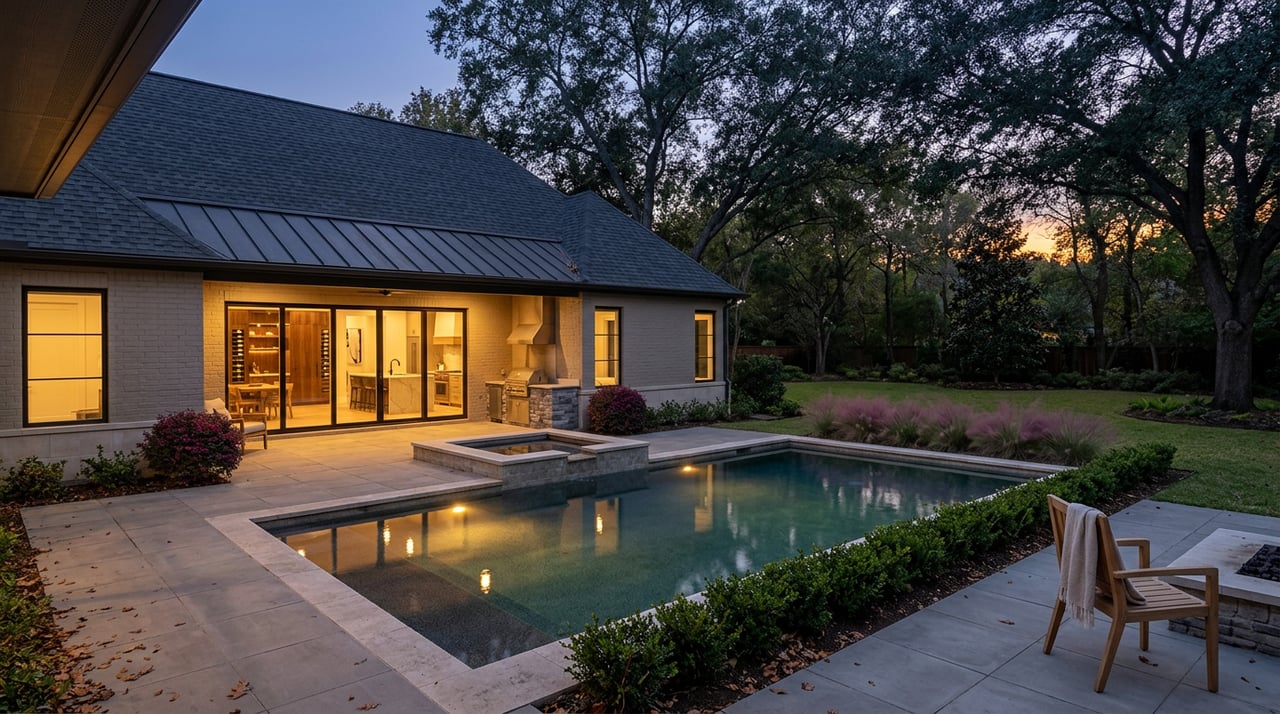 Lit glass doors overlook a pool, raised spa, and outdoor kitchen beneath twilight trees.